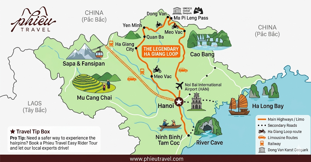 Northern Vietnam overview image showing key attractions and the Ha Giang Loop map