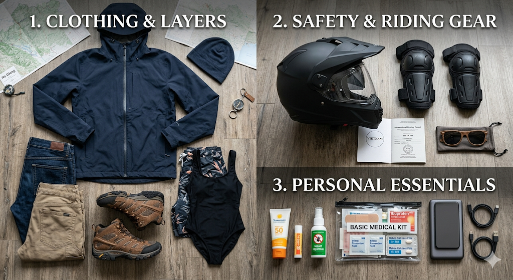 Comprehensive motorbike packing list checklist for the Ha Giang Loop, featuring essential riding gear, clothing layers, safety equipment, and personal essentials provided by Phieutravel