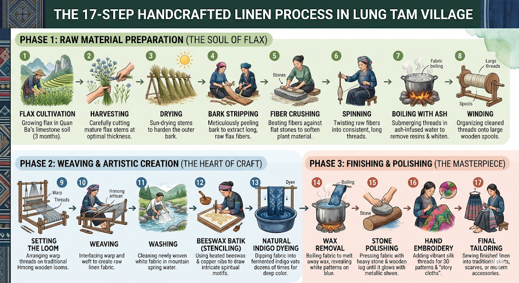 Image describing the 17-step handmade linen process at Lung Tam Weaving Village