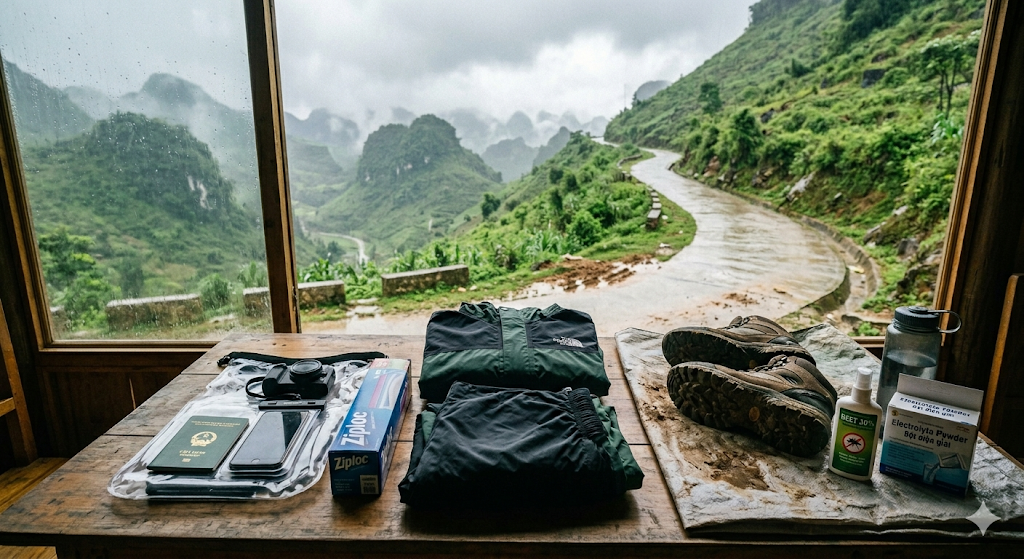 Image describing essential items for the Ha Giang Loop in July