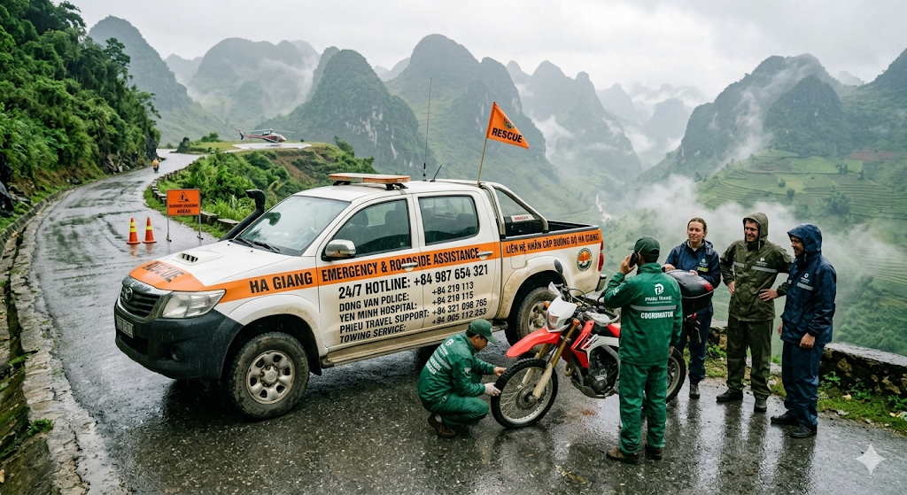 A rescue vehicle on a foggy Ha Giang mountain road provides assistance to travelers with visible emergency contact numbers in English and Vietnamese