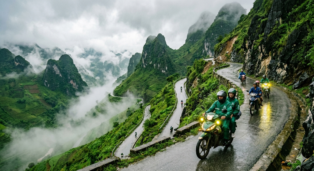 Phieu Travel's Easy Riders navigate the slippery, misty Ha Giang Loop with high-intensity fog lights and expert precision, ensuring rainy season safety