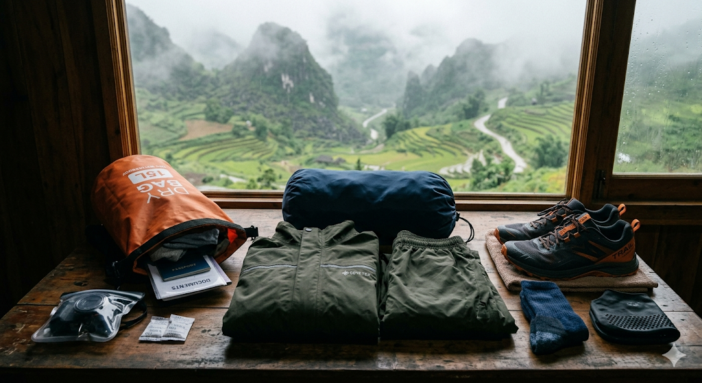 Waterproof travel gear for Ha Giang Loop is on a table overlooking a foggy terraced valley