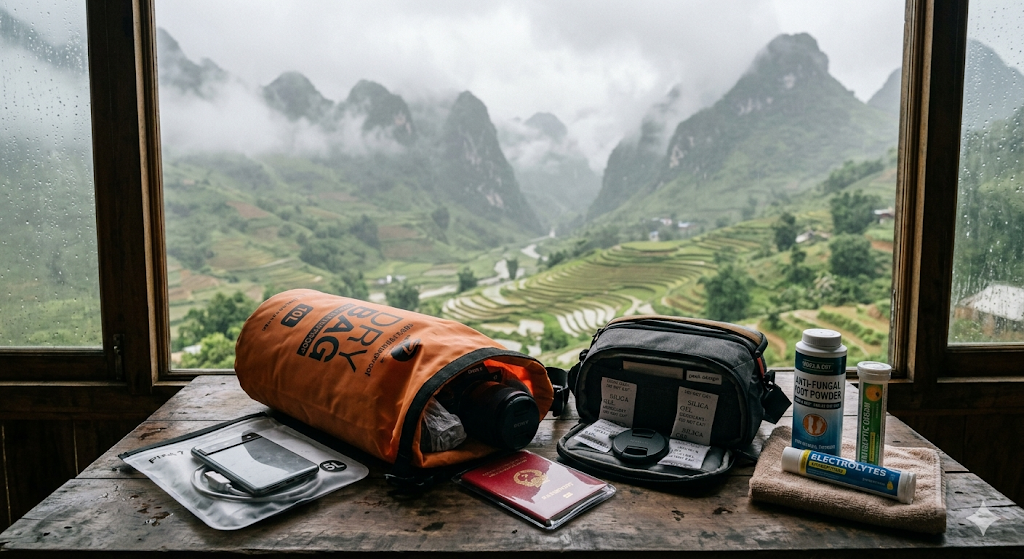 A collection of essential travel gear for protecting digital equipment and maintaining health during a rainy season trip on the Ha Giang Loop