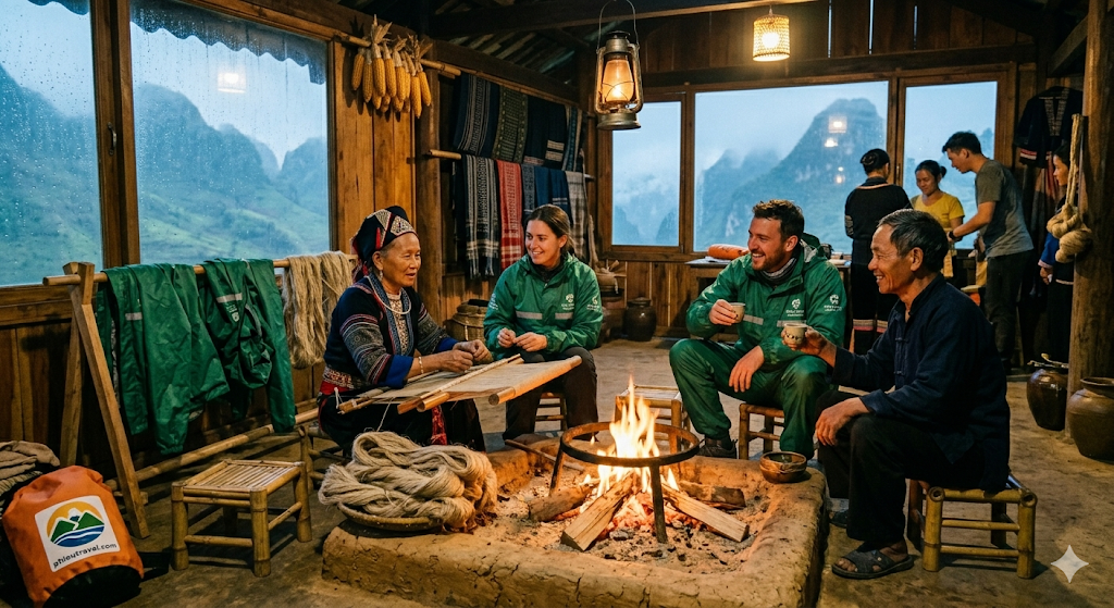 Guests wearing rain suits share corn wine and experience Hmong hemp weaving around a cozy homestay fire, embracing Misty Tourism during a Ha Giang rainy afternoon