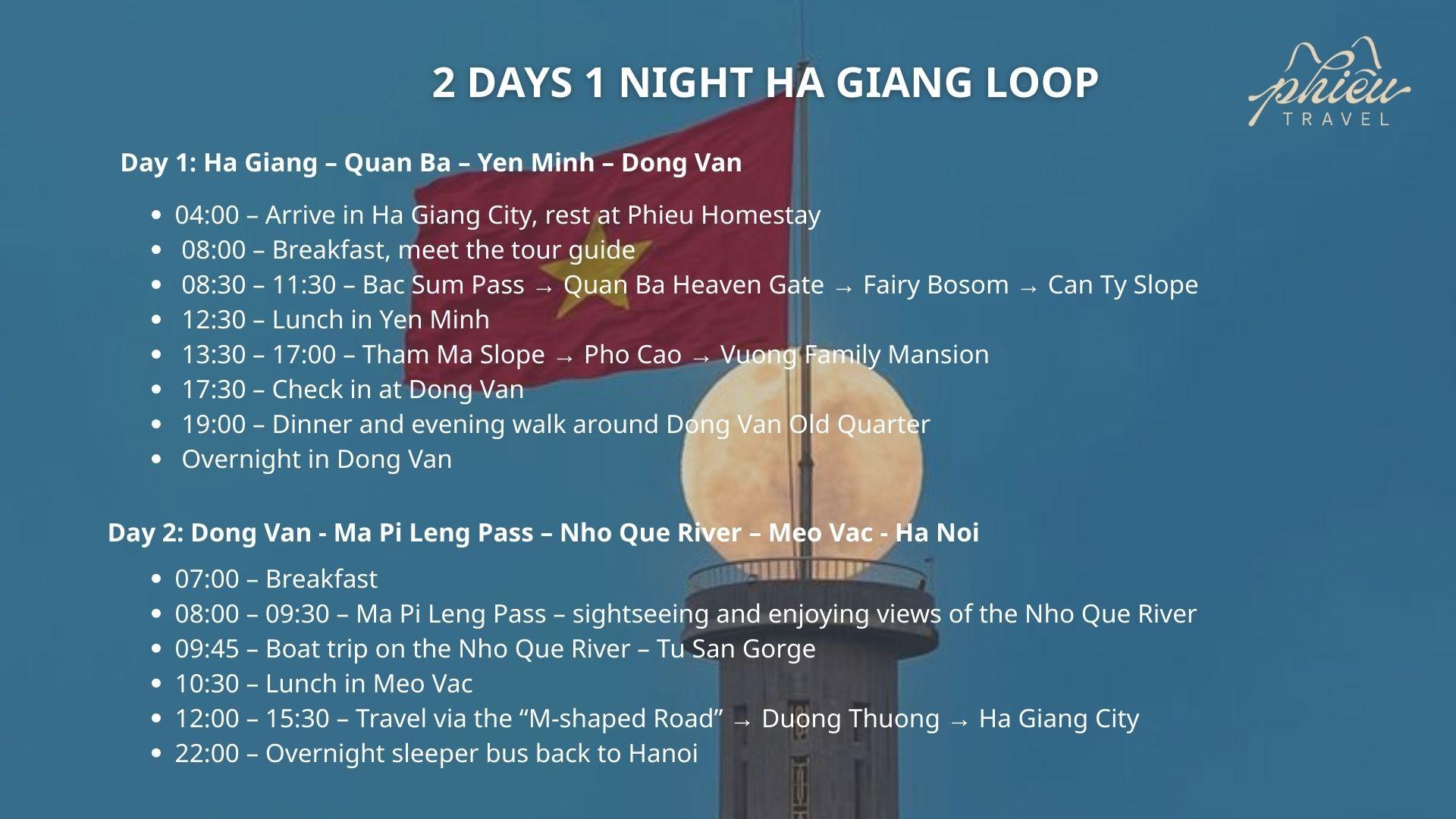 Schedule for the Ha Giang Loop – 2 Days 1 Night